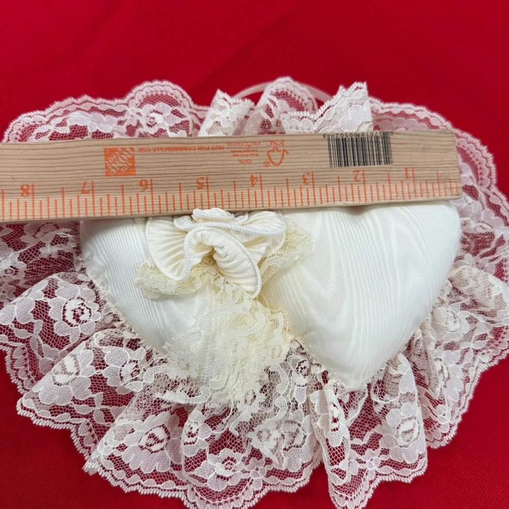 Double Heart‎ Shaped Pillow White Lace Trim Romantic Wedding Accent